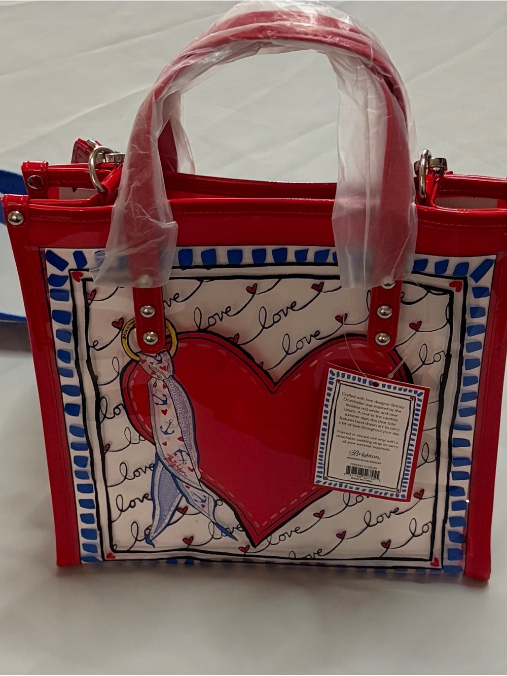 Brighton Striped Love Vinyl Tote Crossbody Bag Red Blue NWT - Picture 2 of 13